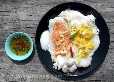 Fresh Thai rice noodles with coconut milk with fish balls.