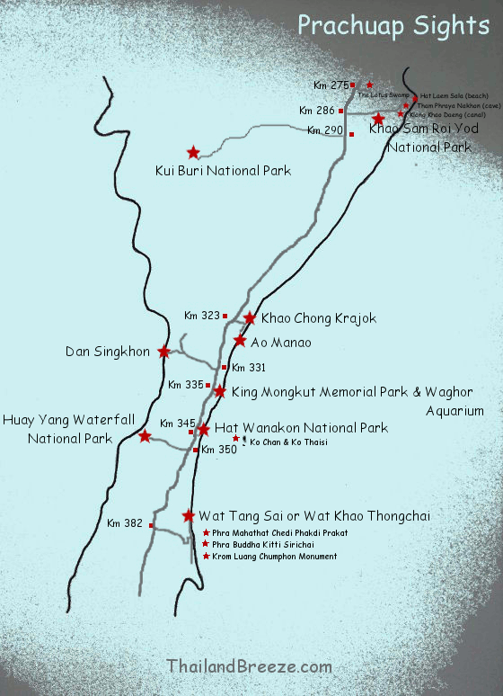 A map of the most popular sights in Prachuap Khiri Khan province, Thailand.