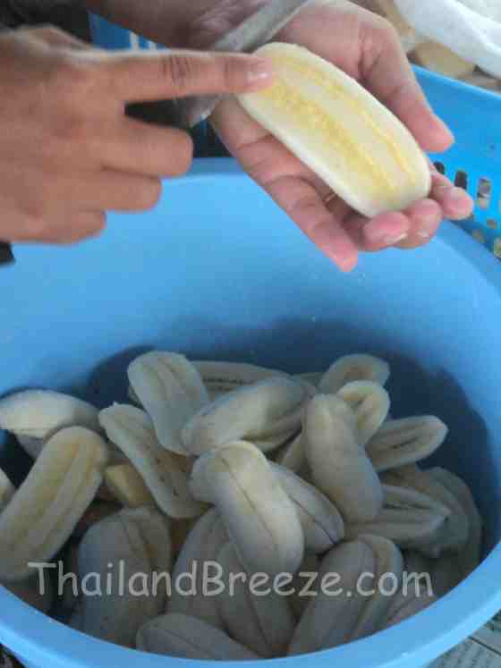 Preparing Thai deep fried bananas in Thailand.