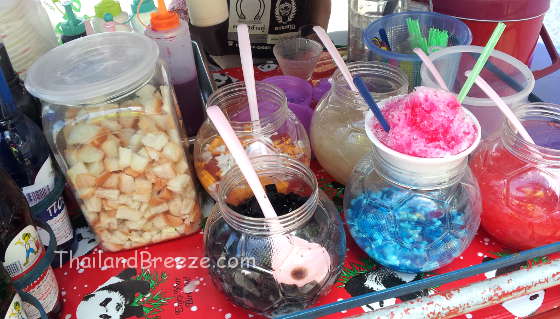 Shaved ice with red Hale's Blue Boy syrup.